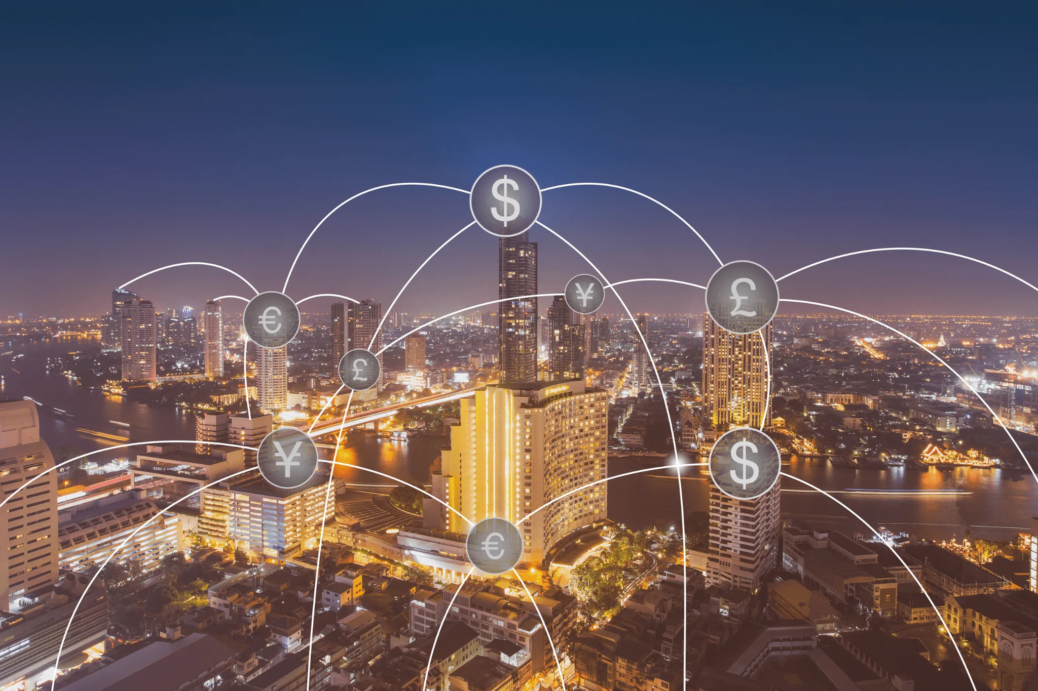 Global financial network over Bangkok skyline illustrating international transfer pricing and cross-border transactions