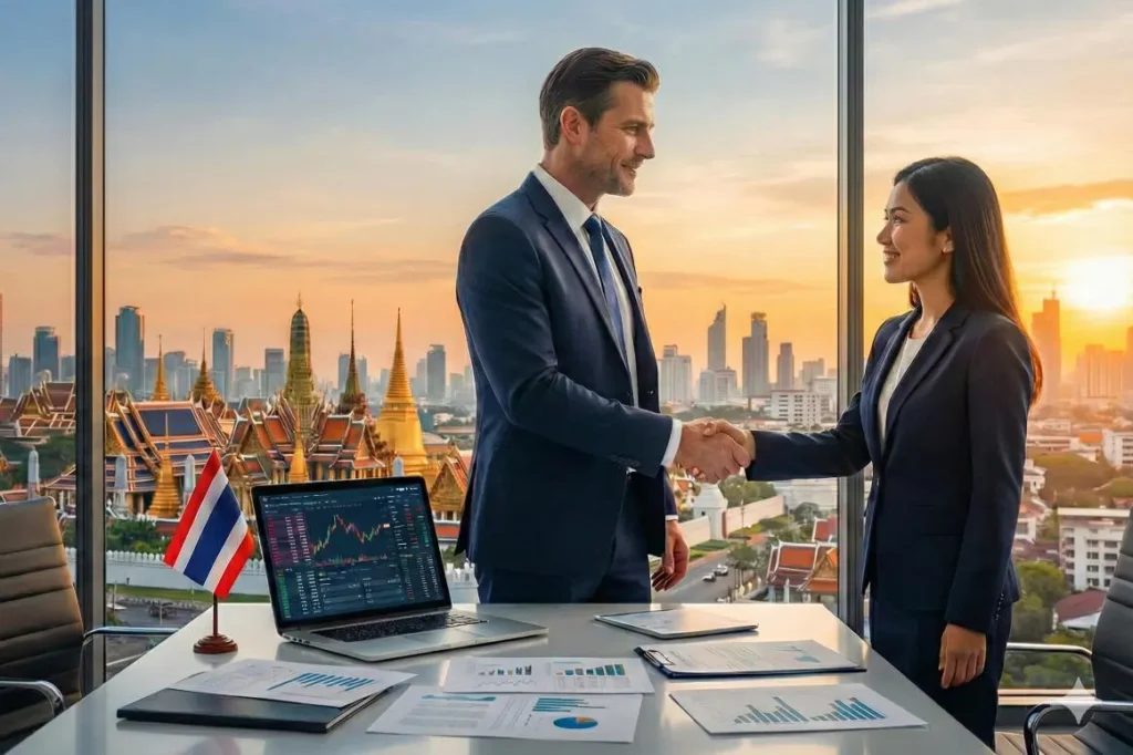 Business handshake in Bangkok office symbolizing a successful Thailand Residence by Investment agreement.