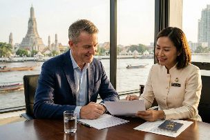 Investor consulting with advisor on Thailand citizenship by investment and residency options in Bangkok