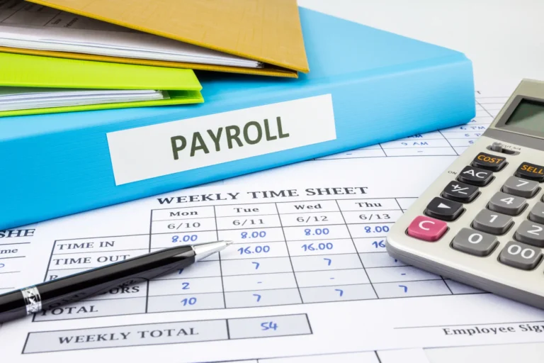 Payroll folder, employee timesheet, calculator and pen representing payroll outsourcing and salary management in Thailand.